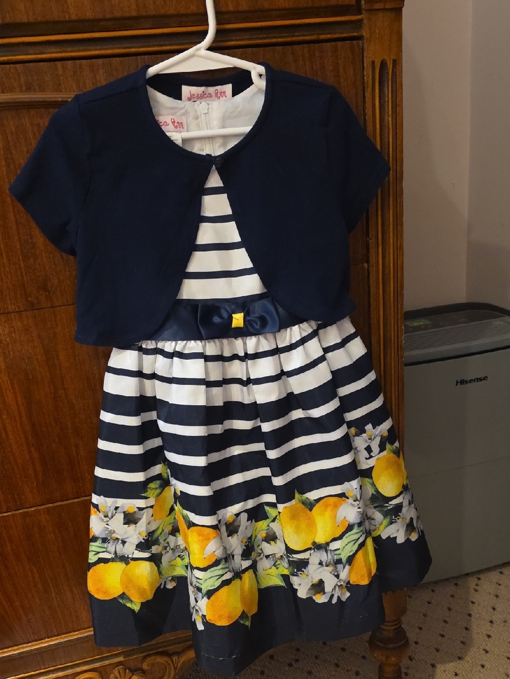 Jessica Ann Navy, White & Yellow Striped Lemon Border Dress‎ with Navy Bolero